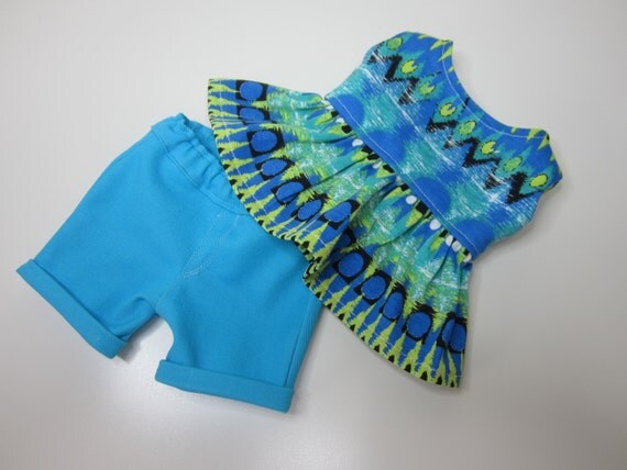 American Girl doll clothes- 2 pcs, Bright blue shorts with a vibrant blue print knit top.