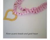 Rose Quartz beads and Gold heart necklace, gemstone necklace