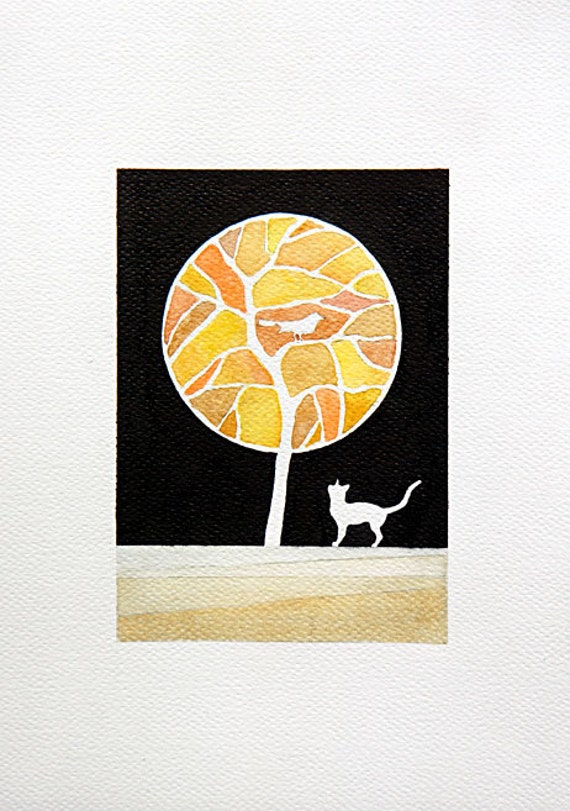 Orginal watercolor painting, tree, cat and bird, A4