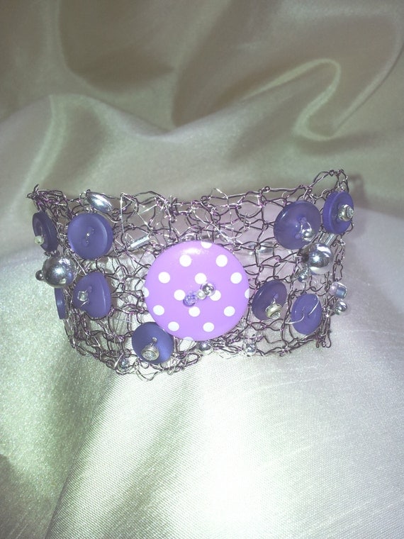 Wire Mesh Cuff Bracelet - Funky Buttons and Diamante - Handknit Button Jewellery