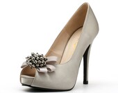 Silver Satin Gemstone Wedding Shoe. Silver Wedding Shoe. Silver Bridal Heels.