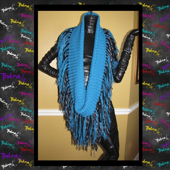 Unique blue & Black one of a kind UNISEX Ultra Fringe Infinity Scarf also custom made