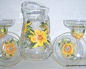 Margarita Pitcher 4 Glasses Hand Painted Yellow Flower Interior Design Upcycled Home Wedding Decor Bridal Shower