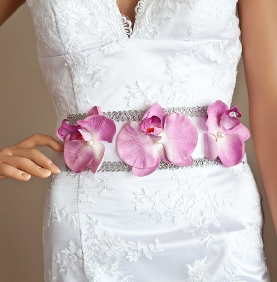 Bridal orchid sash violet orchids with silver by OliniBridalSashes