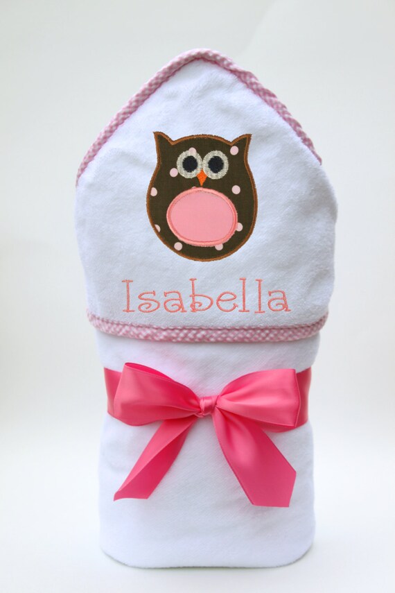 Personalized Hooded Owl Towel with Polka Dots for Baby Girls