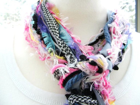 Women's Long Fiber Layered Scarf in Black Gray by meiguidesigns