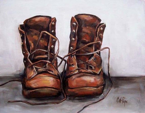 Old Leather Boots - oil painting, vintage leather workboots