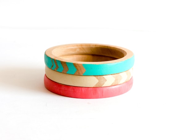 Coral Mint Bracelets, Arrow Neon Bangle, Tribal, Geometry Jewelry, Summer Fashion, Set of 3 Eco Friendly Bangles