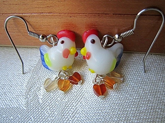 Lampwork Chicken Earrings with Red Agate Hearts