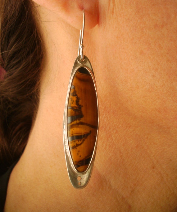 Earrings - Sterling Silver - Tiger's Eye - Bezel Set - Silversmith - RMD Designs