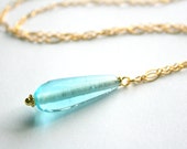 Blue Drop Necklace, Sky Blue Glass Teardrop Pendant Necklace, Minimalist, Gold Fill Chain
