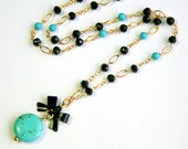 Turquoise Howlite Necklace, Black Bow, Spinel, Gold Fill Necklace, Black Blue Necklace