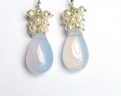Periwinkle Chalcedony Earrings, Pearl Clusters, Bridal Earrings, Milky Blue Drop Earrings, Sterling Silver