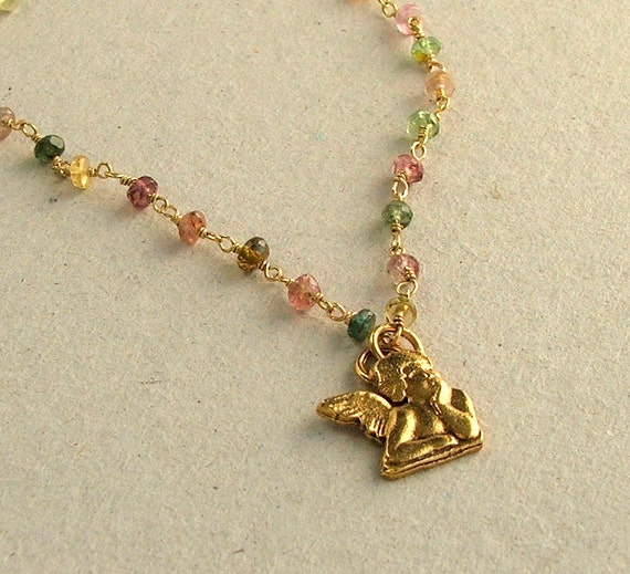 TOURMALINE Gemstone Necklace, Multi-Color Pastel Colors, Wire Wrapped Necklace, Gold Pendant Angel Necklace, Raphael, Cherub Chin On Hands