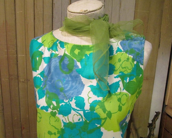 60s vintage Dress Blue Lilac Green Summer flowers Cotton Sateen Shift  S M