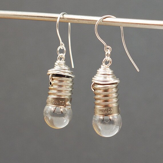 Steampunk Earrings Silver Upcycled Vintage Light Bulb by Tanith