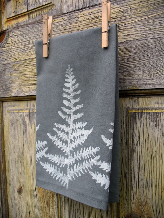 Tea Towel Botanical Print FERN on SILVER linen blend