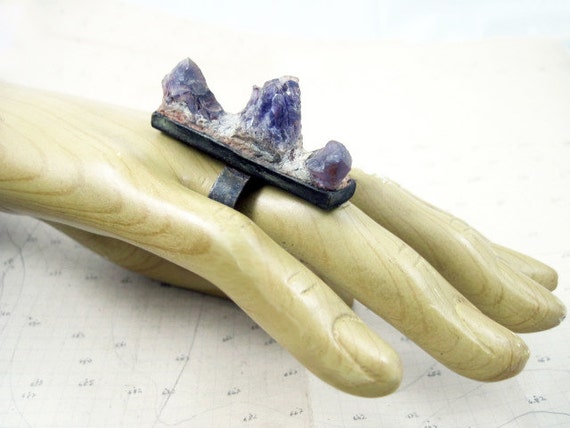 Where You Fear to Live. Rough, raw amethyst chunks in rectangular ring. Primitive, modern.