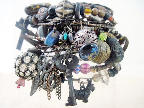 The Past. Tribal Gypsy Assemblage Bangle Stack in Black and Darks.