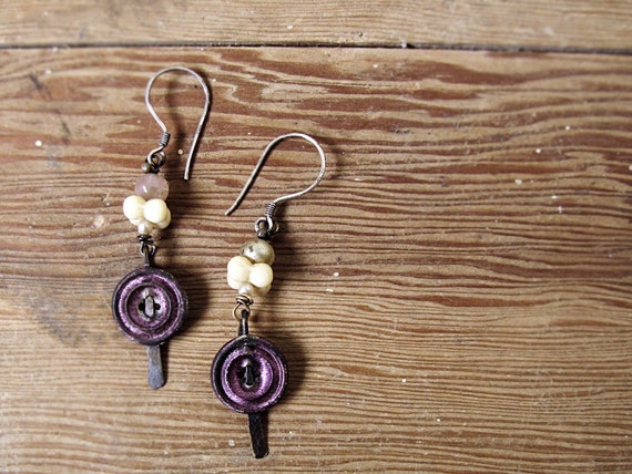 Lucy - vintage button earrings - Victorian assemblage - salvage primitive eco friendly jewelry