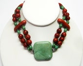 Turquoise Southwest Choker Style Necklace - Green Turquoise Red Sponge Coral Necklace - Southwestern Jewelry - OOAK