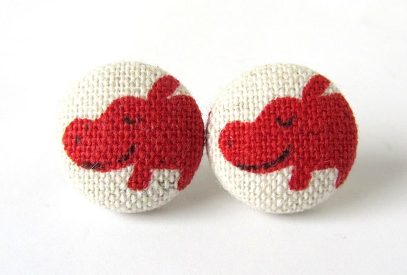 Red hippo button earrings studs small kids cute by KooKooCraft