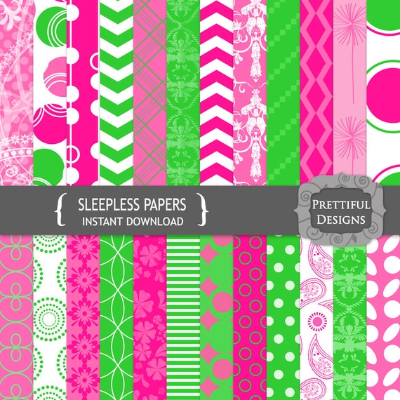 50% Off Sale Digital Paper Pack Chevron Damask Polka Dot Hot Pink Lime Green Sleepless (681)