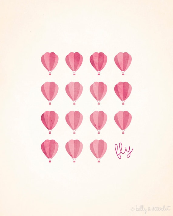 Hot Air Balloon 'Fly' Art Print in Rose Pink, Digital Illustration for the home