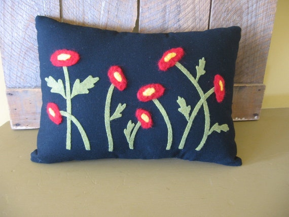 Needle Felted Red Poppy Flower Folk Art Primitive Applique Pillow