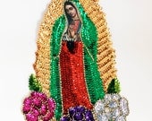 Sequin Guadalupe applique Extra Large 3 flower Virgin Mary Sequin Patch Our lady of Guadalupe for sewing crafting artwork / Bead applique