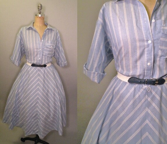 Vintage 1950s Style Blue Chevron Stripe Shirt Dress Chevron Dress Plus Size Stripe Blue Dress