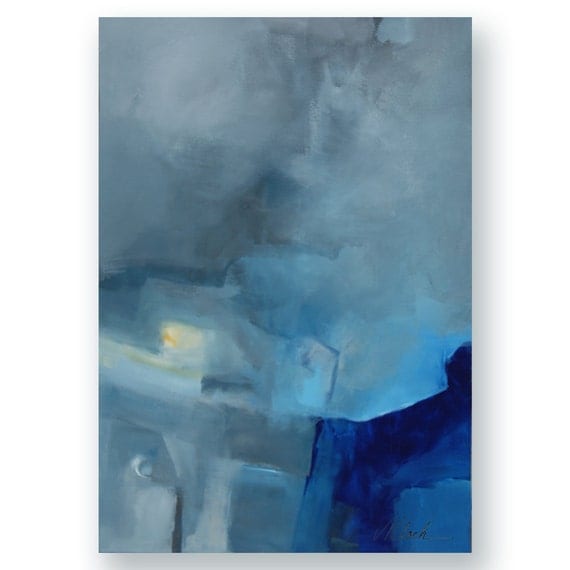 Minimalism art large abstract painting by Victoria Kloch Titled: Today in blue, gray and yellow 24" x 36"