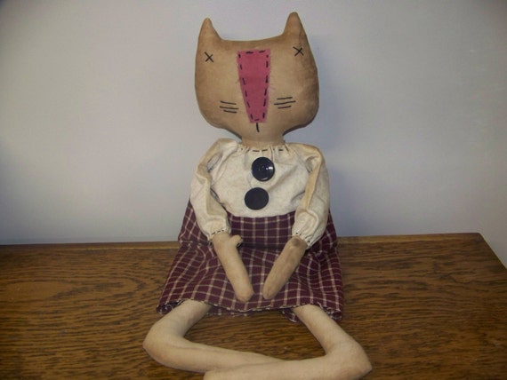 Miss Kitty Grungy Primitive Fabric Art Doll/Shelf Sitter/Hanger