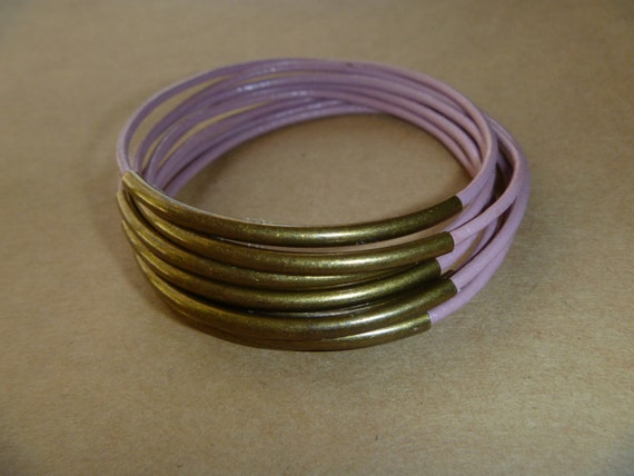 Dusty Rose Leather Antique Brass Tube Bangle Bracelet Set of 8