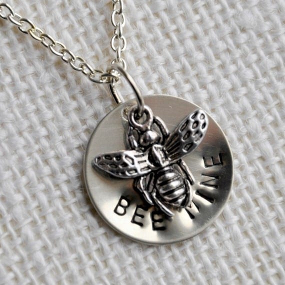 Bee Mine Charm Necklace - Hand Stamped - Valentines Day - Nickel Silver