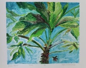 Palm Tree Monotype Color Ink Print on White Paper