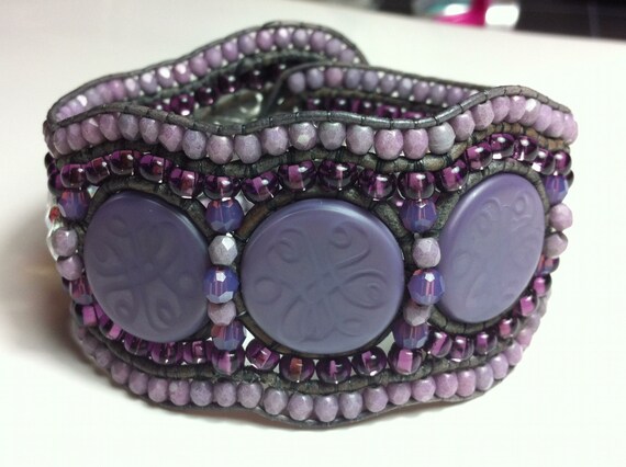 Wide Leather Cuff Bracelet in shades of Purple, Lilac, Amethyst and Opal.