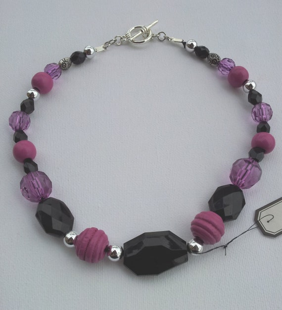 Handmade Beaded Necklace - Black, Pink and Silver