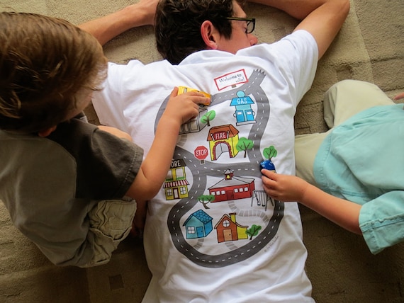 Car Play Shirt (Size L) - Full color map for kids to drive cars on while daddy relaxes, Father's Day gift