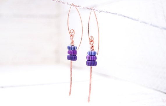 Hammered Copper Modern Art Jewelry Earrings with Violet Purple Polymer Clay Gypsy Trade Beads