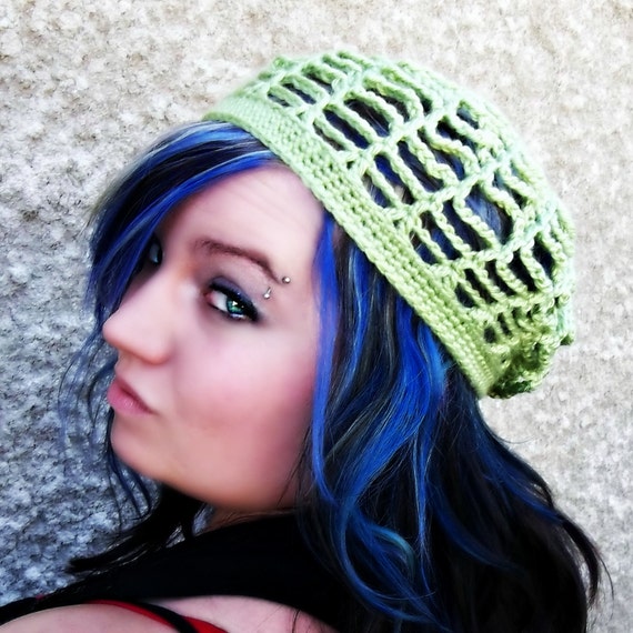 Web Slouchy/ Beanie/Tam/ Beret  - Crocheted , Spring, Summer, Open, Pistachio