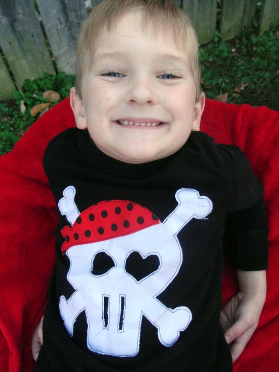 Boy Pirate T Shirt - Long Sleeve - Sizes 12m thru 12 - Red,Black and White