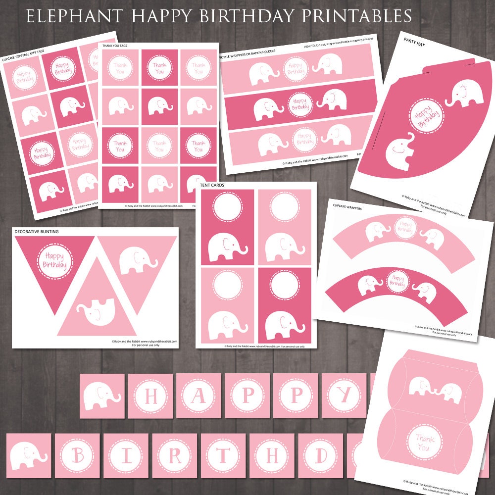 Pink elephant printable party decorations