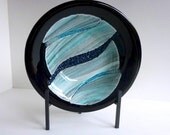 Black Fused Glass Bowl with Aqua and Gray Decor