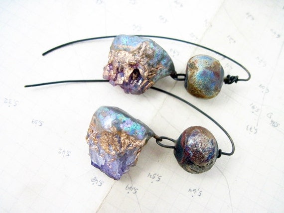 I Seem to Myself Like Someone's Dream. Cosmic Rustic earrings with rough amethyst and raku.