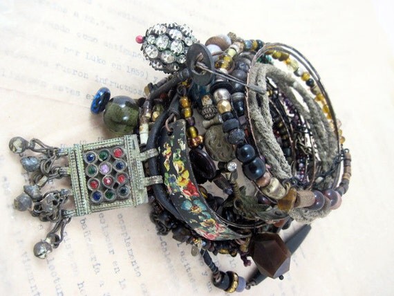 A Second Heart. Tribal Gypsy Assemblage Bangle Stack in Back and Darks.