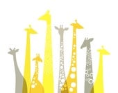 giraffes landscape. 8X10. bright yellow and gray.