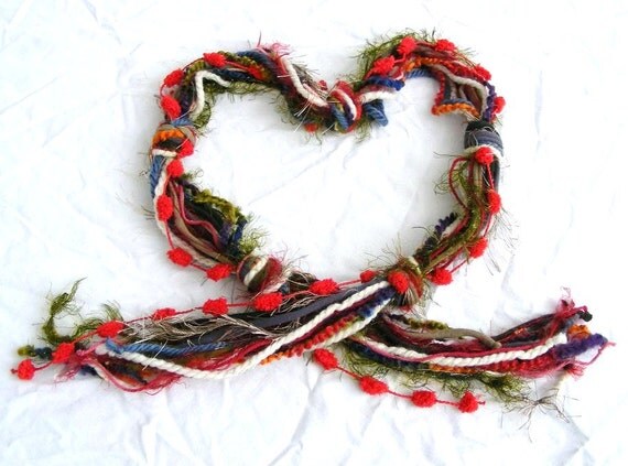 Red Pom pom Blue Green Long Knotted Fiber Yarn by meiguidesigns