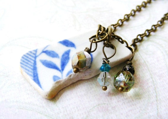 Blue and White Seaglass Pottery Pendant with Bead by meiguidesigns