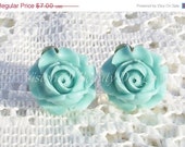 ON SALE Teal Blue Rose, Spring Flower Clip On Earrings